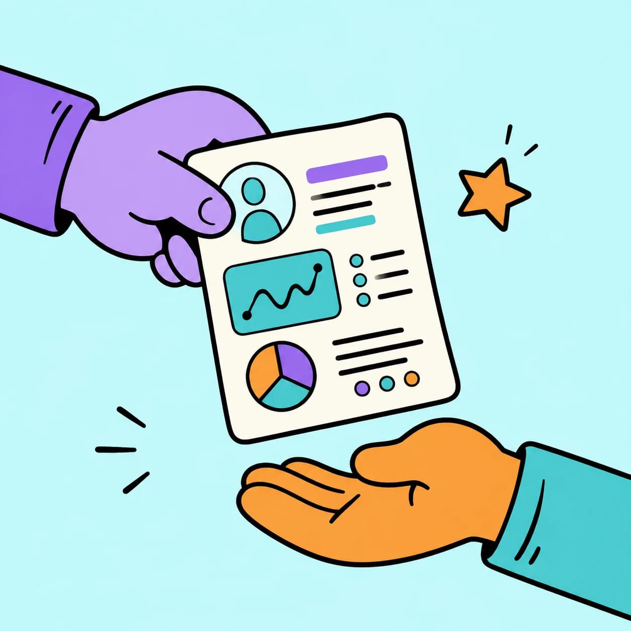Two illustrated hands exchanging a CV.